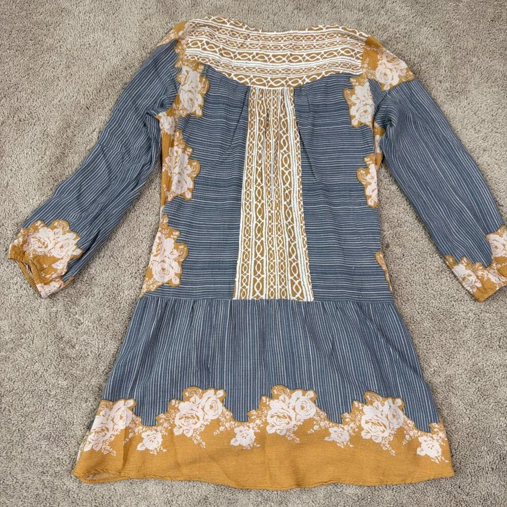 Free People Mini Dress Womens M Blue Gold Bohemian Lightweight Pockets Tunic Top - Picture 7 of 7